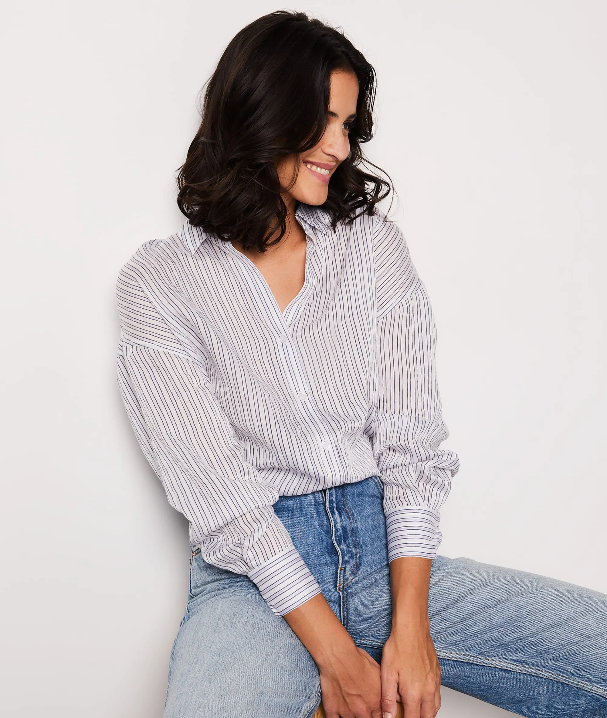 Camisa de rayas corte ancho A PAULINE RAY IMP FD ECRU - ETAM