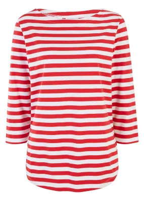 Camiseta 3/4 con escote barco Rojo-blanco de rayas