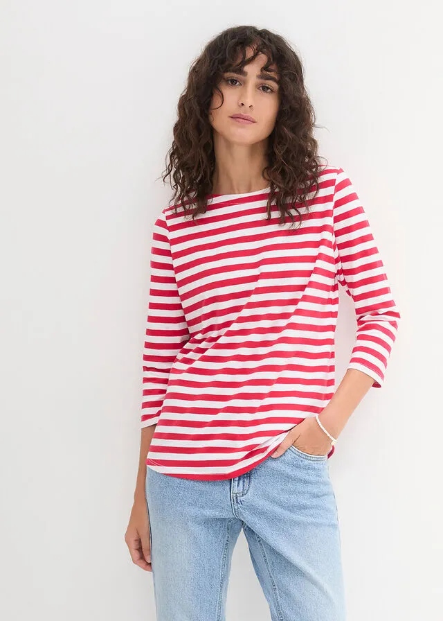 Camiseta 3/4 con escote barco Rojo-blanco de rayas