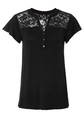 Camiseta con cuello henley y encaje de viscosa sostenible Negro