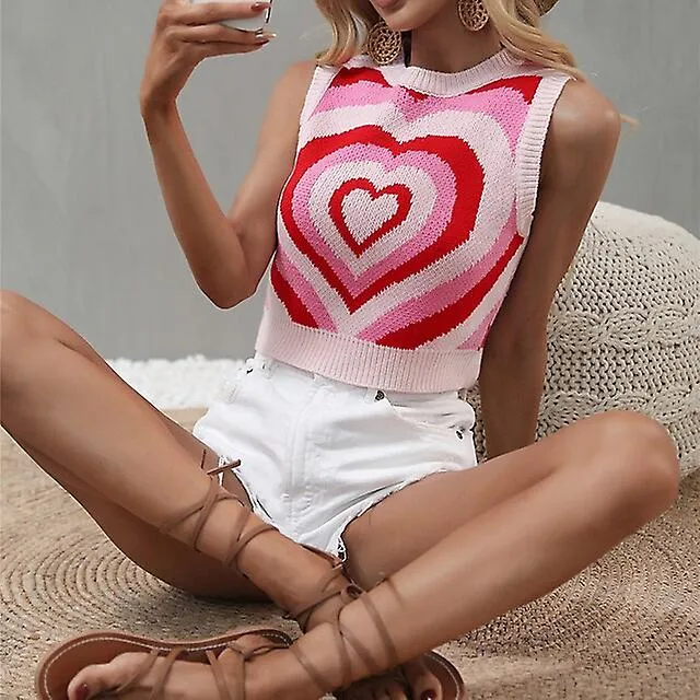 Chaleco de mujer Tejido Amor Corazón Elegante Casual Día de San Valentín Suave sin mangas Regular Fit Sweater Cardigans Cuello r