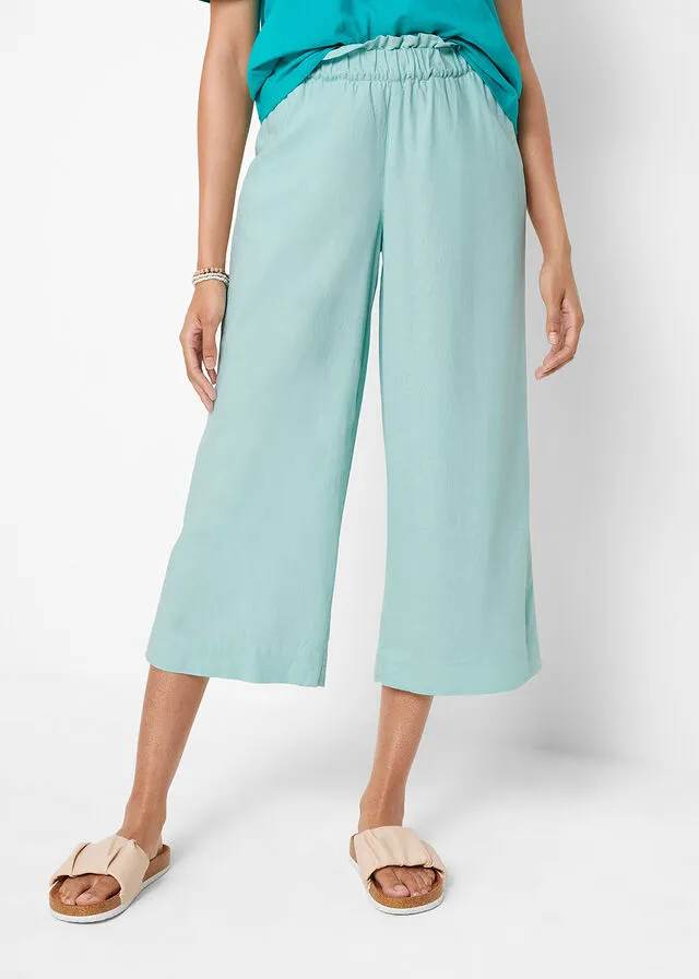 Culotte de lino, largo hasta la pantorrilla Verde agua pastel