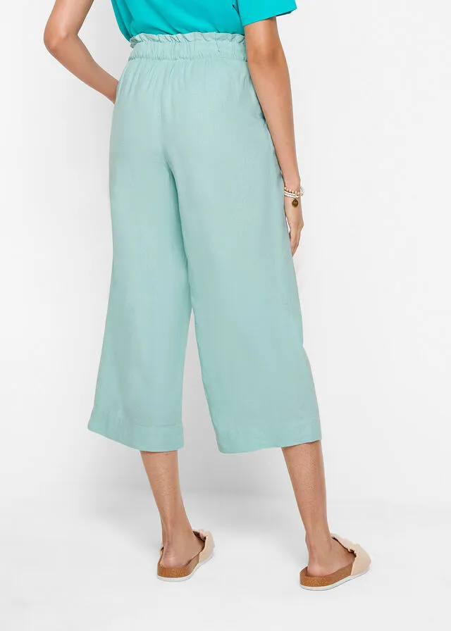 Culotte de lino, largo hasta la pantorrilla Verde agua pastel