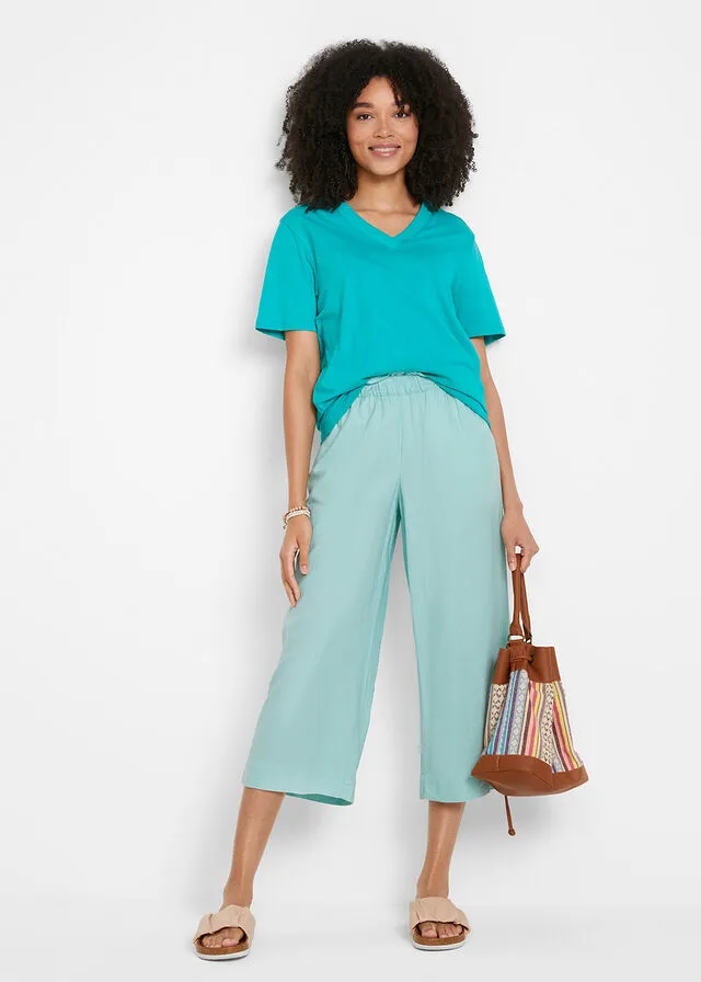 Culotte de lino, largo hasta la pantorrilla Verde agua pastel