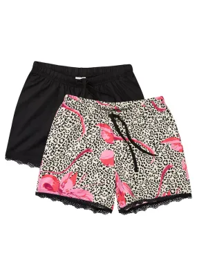 Pantalón corto de pijama Negro-rosa hibisco estampado