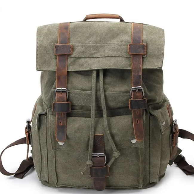 Retro Leather Three Buckle Large School Bag Outdoor Camping Travel Backpack