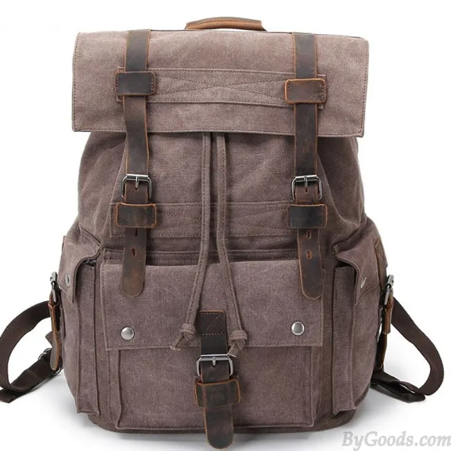 Retro Leather Three Buckle Large School Bag Outdoor Camping Travel Backpack