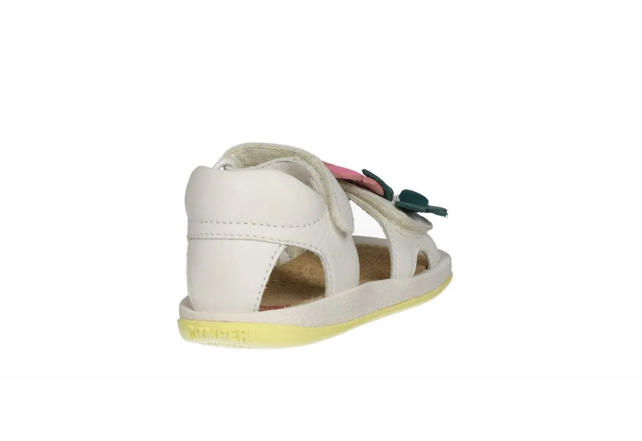 Sandalia Velcro Piel Beig Tira Pala Flores Colores Talon Cerrado