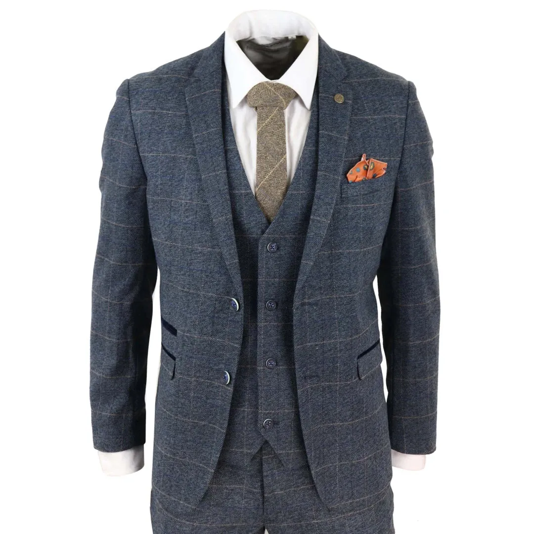 Traje de terciopelo de 3 piezas a cuadros azules para hombre Tweed en espiga Vintage Ajustado