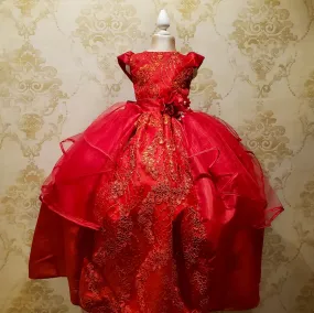 Vestido de Niña Fiesta Rojo Encaje Bordado con Flor Talla 2 a 8 años