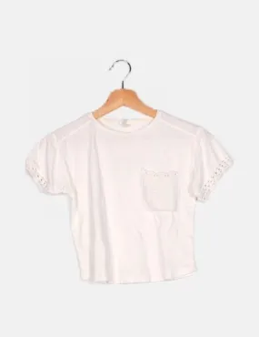 Zara Camiseta blanca bolsillo bordado